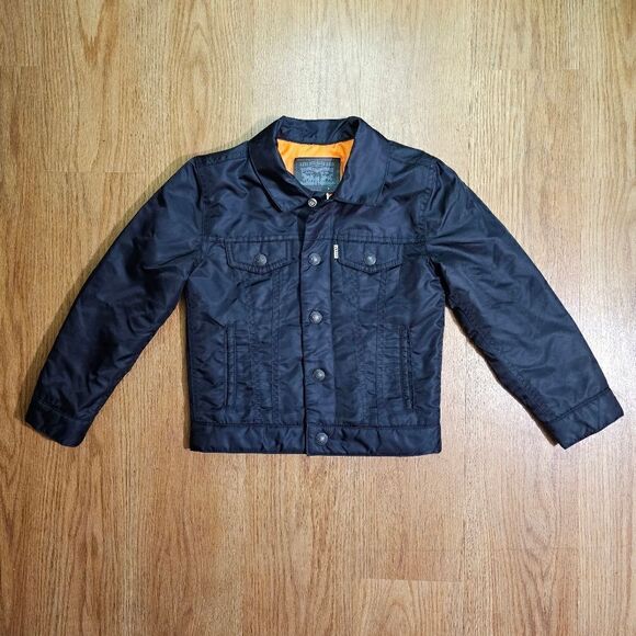Levi's Bomber Jacket Quilted Synthetic Fill Kids Size 6 Black Orange Snap Button - Picture 1 of 8